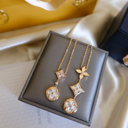 [Mystic Crown]COLOR BLOSSOM LARIAT NECKLACE PINK GOLD WHITE MOTHER PEARL AND DIAMOND