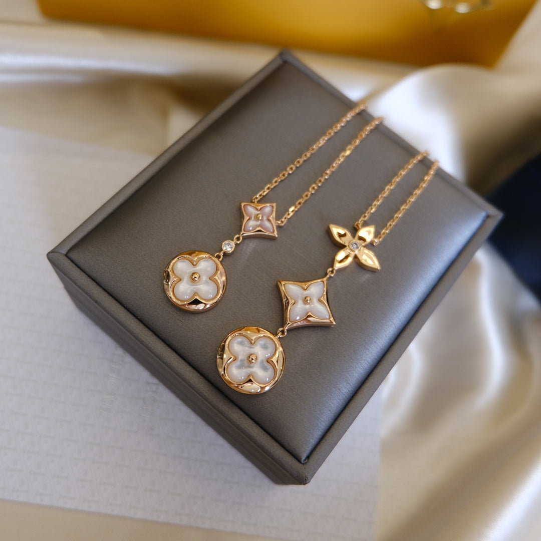 [Mystic Crown]COLOR BLOSSOM LARIAT NECKLACE PINK GOLD WHITE MOTHER PEARL AND DIAMOND