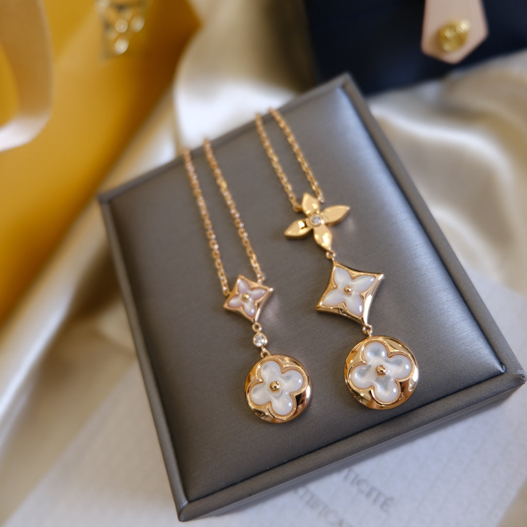 [Mystic Crown]COLOR BLOSSOM LARIAT NECKLACE PINK GOLD WHITE MOTHER PEARL AND DIAMOND