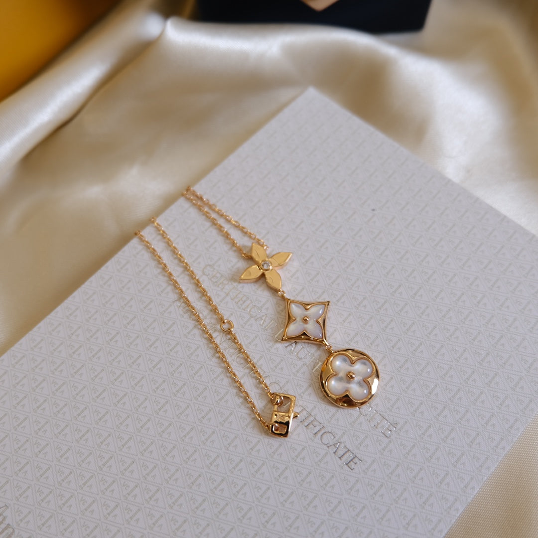 [Mystic Crown]COLOR BLOSSOM LARIAT NECKLACE PINK GOLD WHITE MOTHER PEARL AND DIAMOND