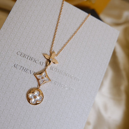 [Mystic Crown]COLOR BLOSSOM LARIAT NECKLACE PINK GOLD WHITE MOTHER PEARL AND DIAMOND