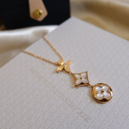 [Mystic Crown]COLOR BLOSSOM LARIAT NECKLACE PINK GOLD WHITE MOTHER PEARL AND DIAMOND