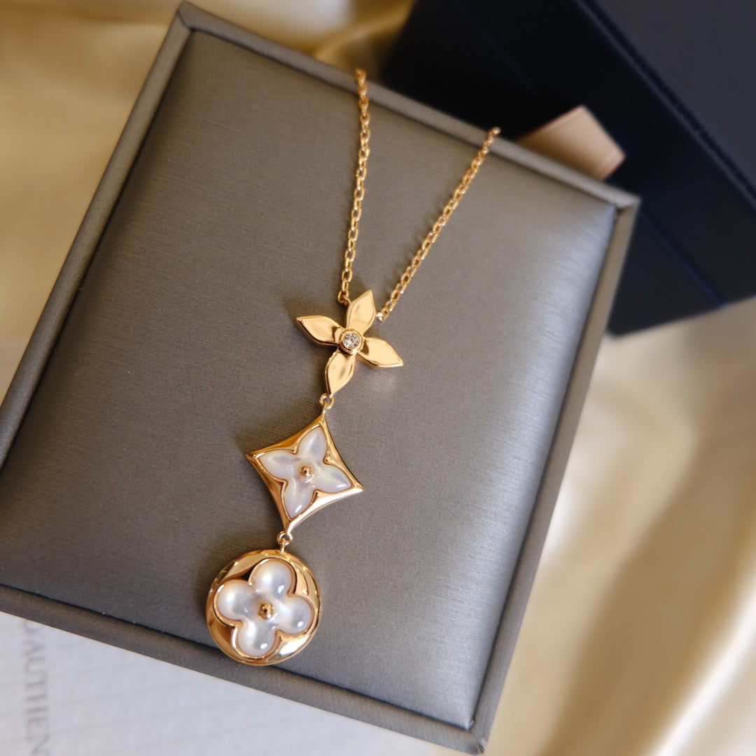 [Mystic Crown]COLOR BLOSSOM LARIAT NECKLACE PINK GOLD WHITE MOTHER PEARL AND DIAMOND