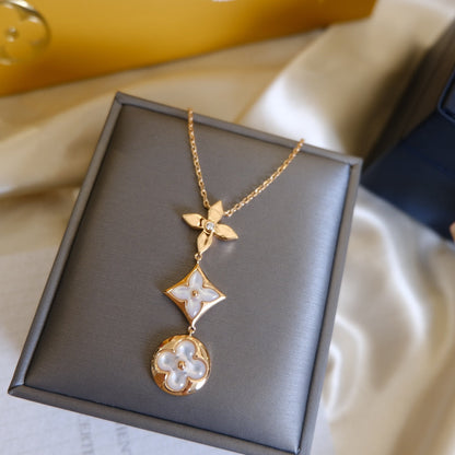 [Mystic Crown]COLOR BLOSSOM LARIAT NECKLACE PINK GOLD WHITE MOTHER PEARL AND DIAMOND