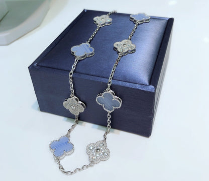 [Mystic Crown]CLOVER 10 MOTIFS CHALCEDONY DIAMONDS SILVER NECKLACE