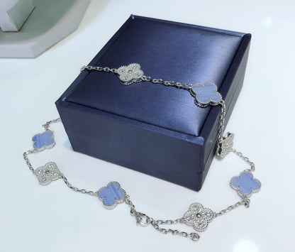 [Mystic Crown]CLOVER 10 MOTIFS CHALCEDONY DIAMONDS SILVER NECKLACE