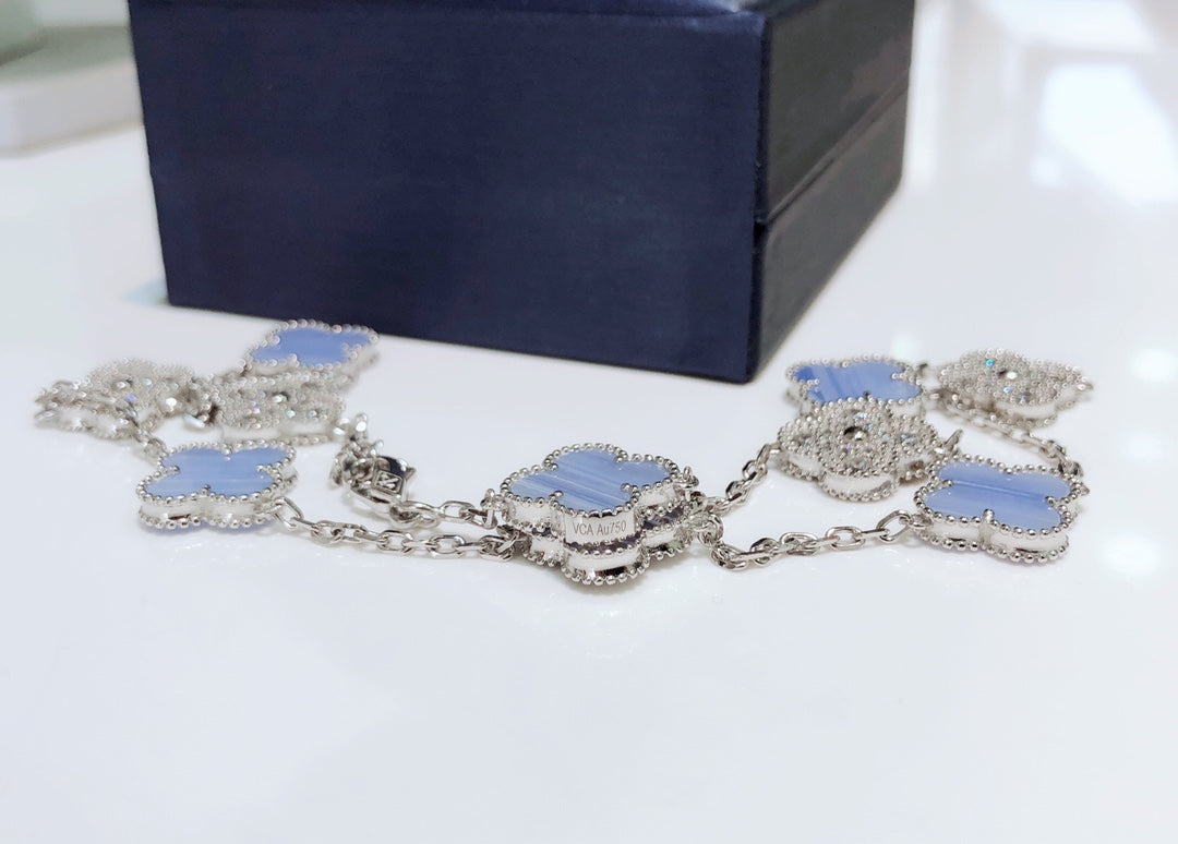 [Mystic Crown]CLOVER 10 MOTIFS CHALCEDONY DIAMONDS SILVER NECKLACE