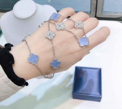 [Mystic Crown]CLOVER 10 MOTIFS CHALCEDONY DIAMONDS SILVER NECKLACE