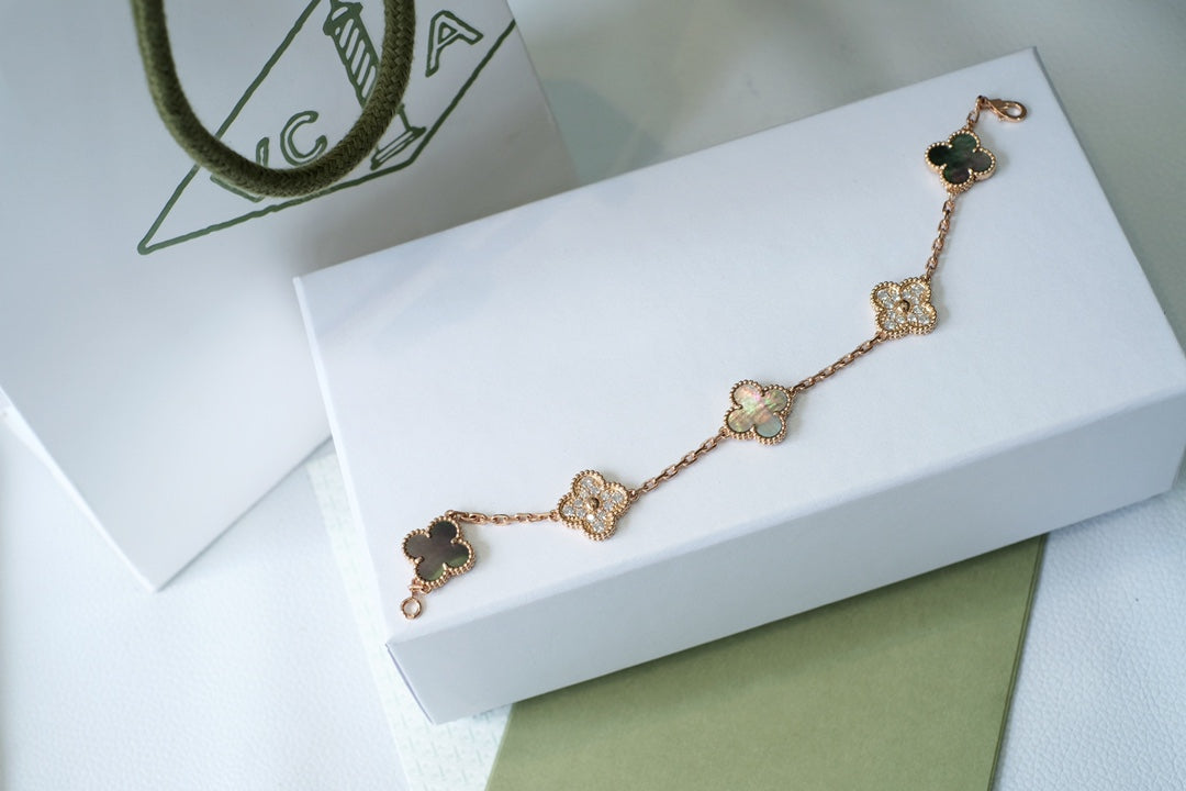 [Mystic Crown]CLOVER 5 MOTIFS DARK MOP AND DIAMONDS PINK GOLD BRACELET