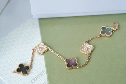 [Mystic Crown]CLOVER 5 MOTIFS DARK MOP AND DIAMONDS PINK GOLD BRACELET
