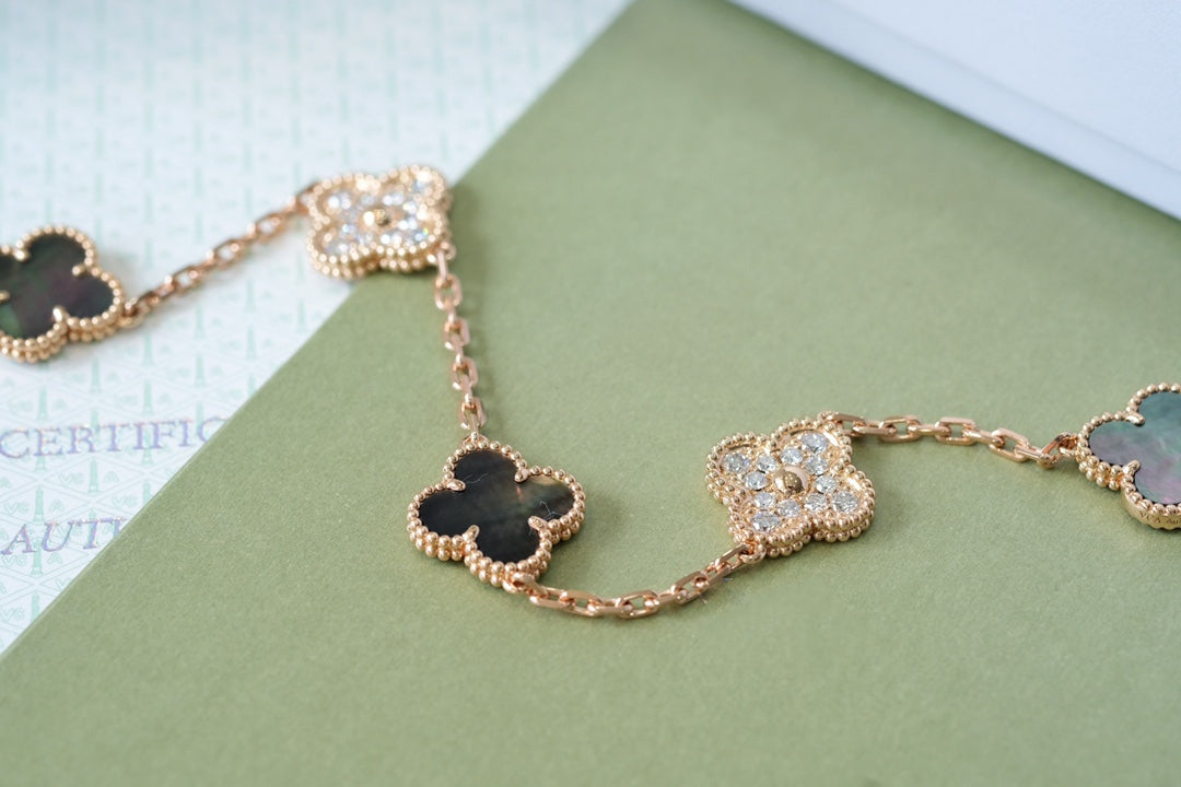 [Mystic Crown]CLOVER 5 MOTIFS DARK MOP AND DIAMONDS PINK GOLD BRACELET
